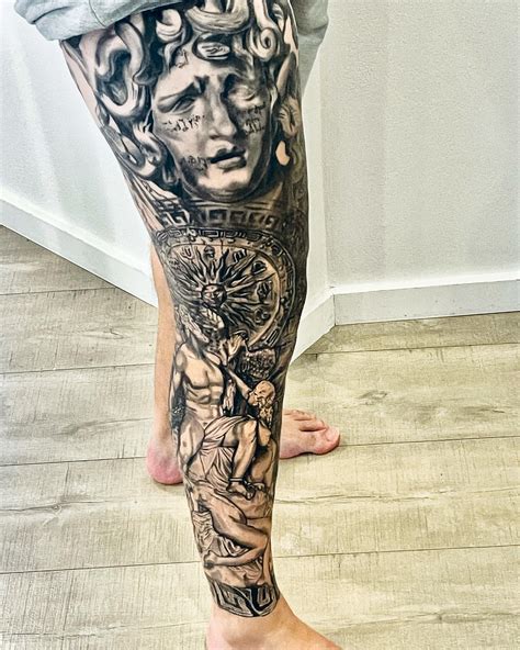 trojan tattoo|greek mythology leg sleeve tattoo.